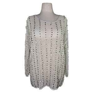 XES-NY Y2K Silk Cotton Beaded Crochet Open Knit Ivory Sweater Top SZ 2X